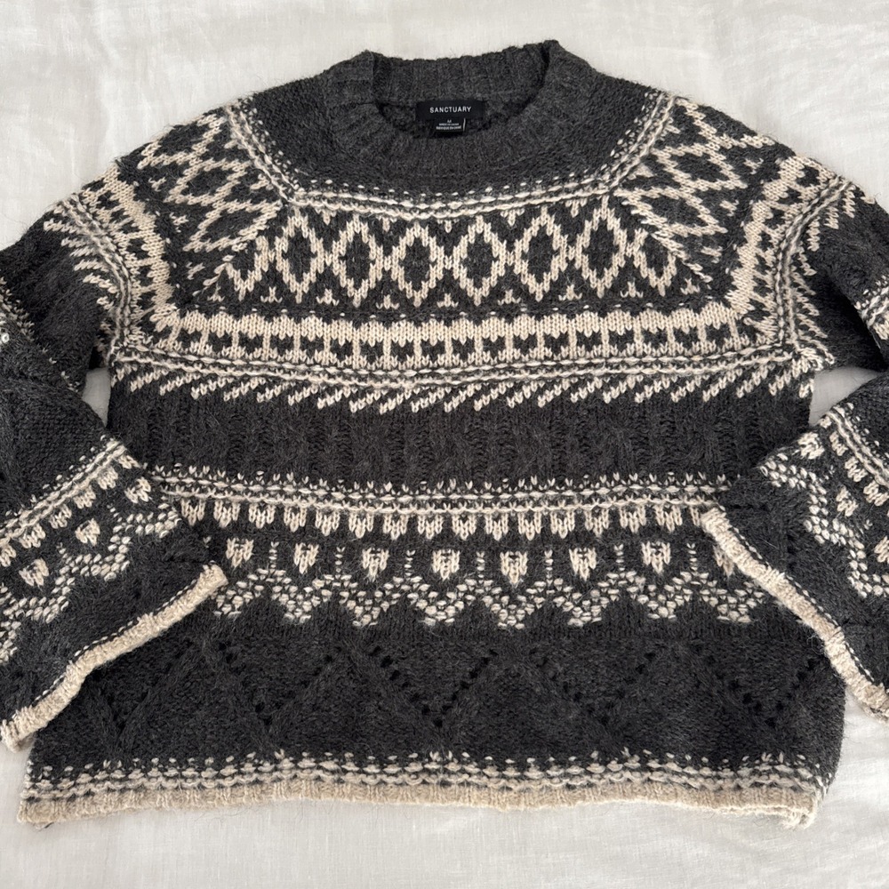Sanctuary Fair Isle Nordic Bell Sleeve Sweater  Large Grey Cream Geometric Knit